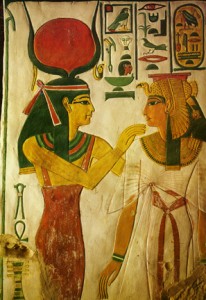 Hathor (left) welcomes the Egyptian queen Nefertari (right) to the afterlife. 